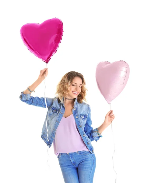 Femeie cu baloane de aer în formă de inimă — Fotografie, imagine de stoc