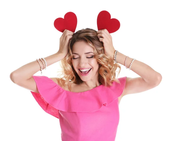 Young woman with red hearts — Stock Photo, Image