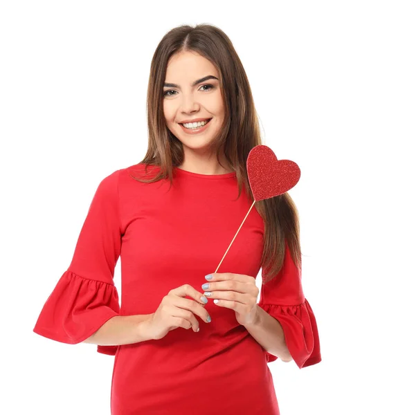 Romantische junge Frau mit Party-Dekor zum Valentinstag auf weißem Hintergrund — Stockfoto
