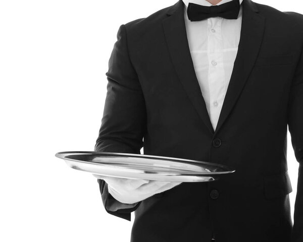 Waiter with empty tray on white background