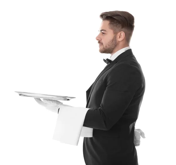 Kellner mit leerem Tablett auf weißem Hintergrund — Stockfoto