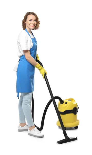 Young professional with vacuum cleaner, isolated on white — Stock Photo, Image