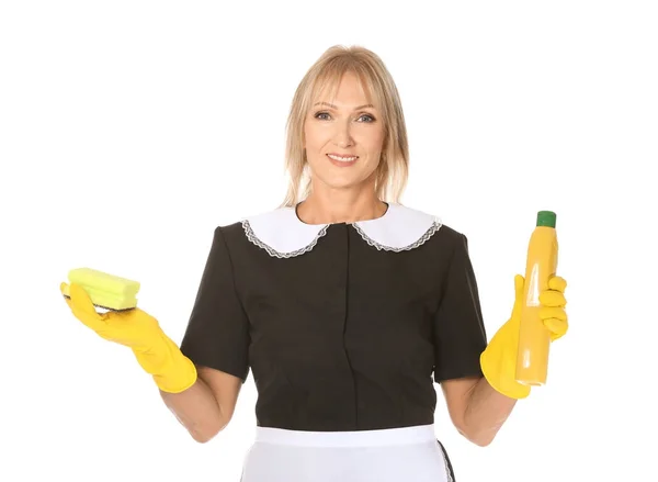 Cartera madura con botella de detergente y esponja sobre fondo blanco — Foto de Stock