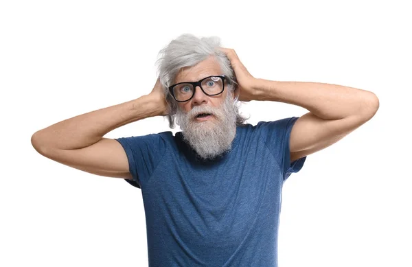 Homme mûr aux cheveux gris sur fond blanc — Photo