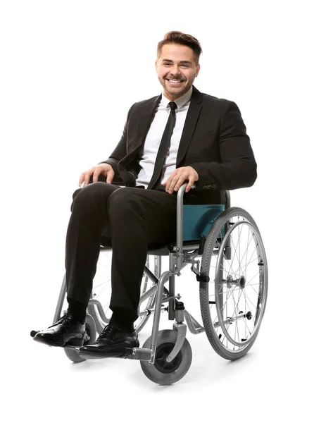 Joven en silla de ruedas sobre fondo blanco — Foto de Stock