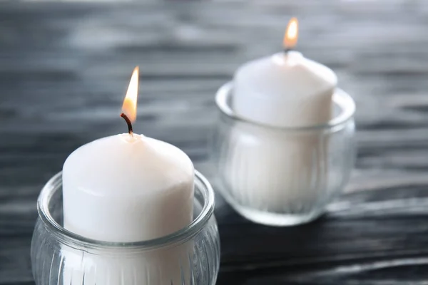 Burning candles on table, closeup — Stock Photo, Image