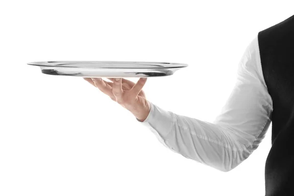 Waiter with empty tray on white background — Stock Photo, Image