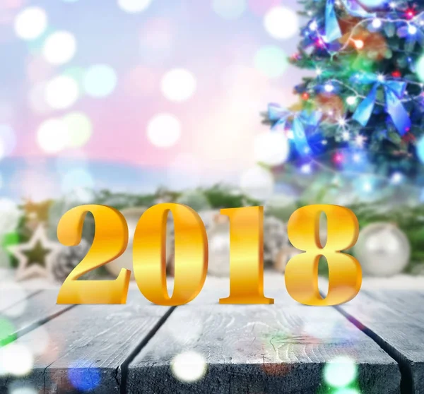 Mensaje FELIZ AÑO NUEVO 2018 y abeto festivo con luces de Navidad en el fondo —  Fotos de Stock