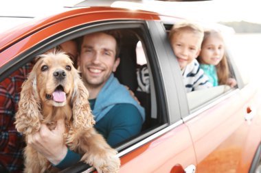 Sevimli çocuk ve köpek araba ile genç aile