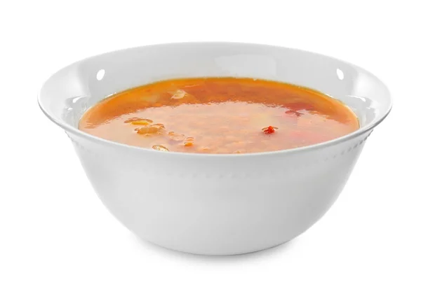 Bowl with tasty lentil soup on white background — Stock Photo, Image