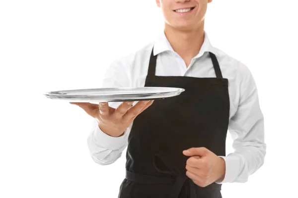 Camarero con bandeja de metal sobre fondo blanco — Foto de Stock