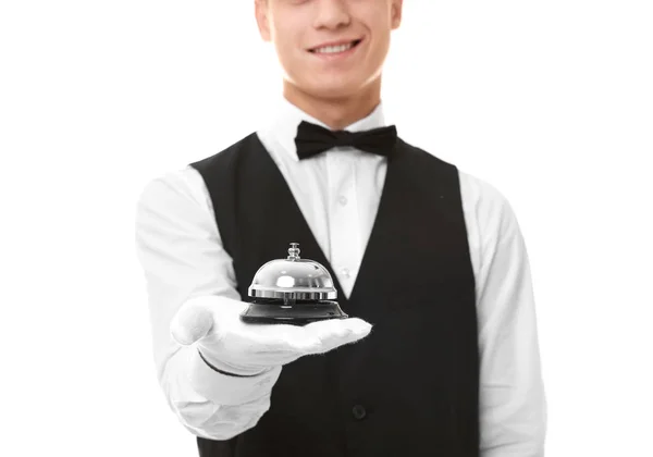 Serveur avec cloche de service sur fond blanc — Photo