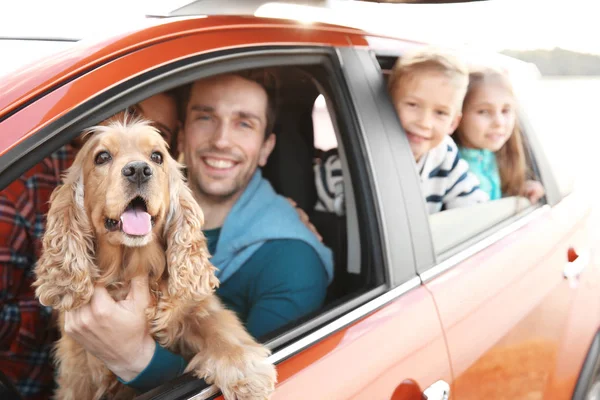 Jeune famille avec des enfants mignons et chien en voiture — Photo