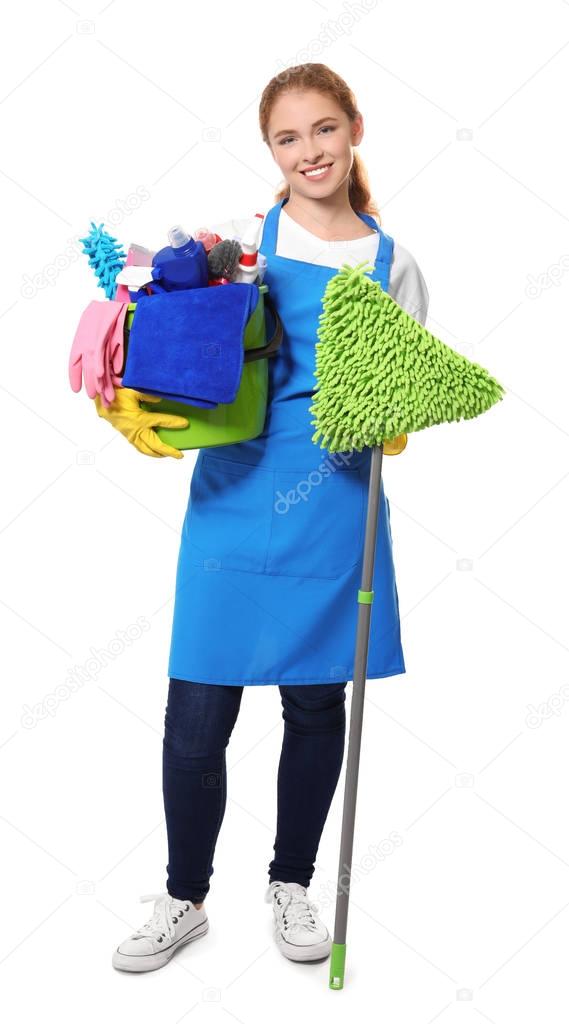 Young professional with cleaning supplies and mop, isolated on white