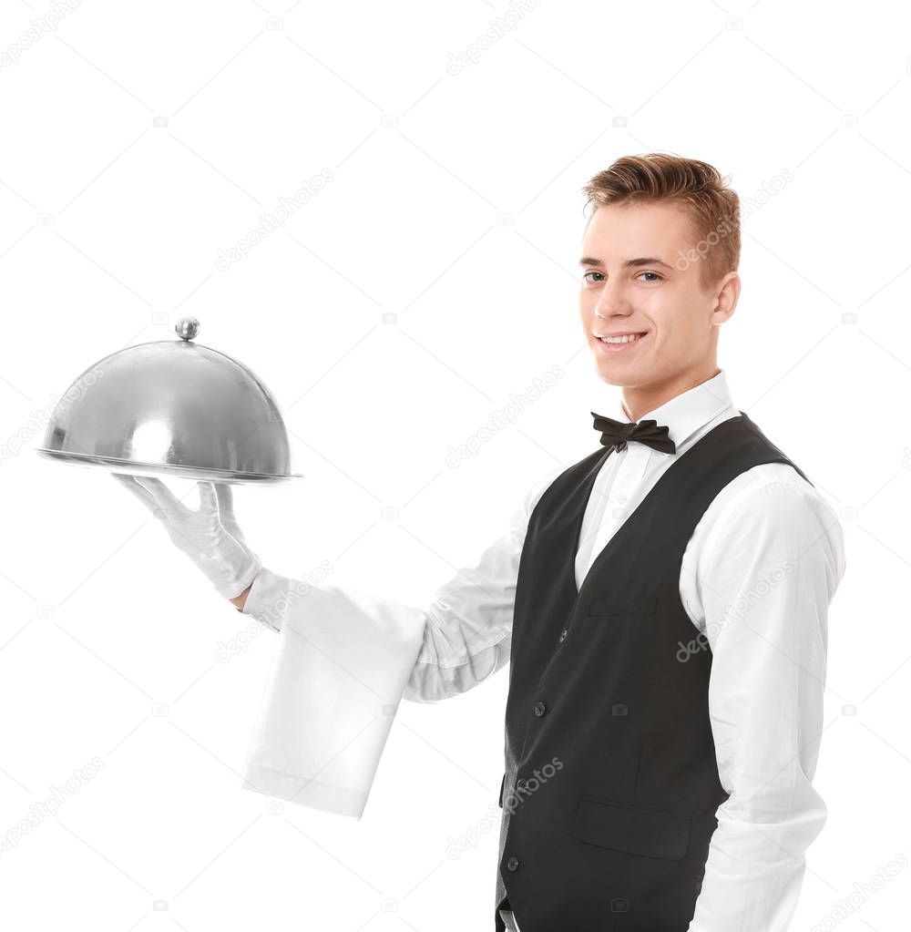 Waiter with metal tray and cloche on white background