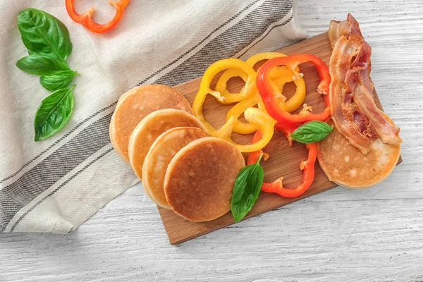 Board Yummy Pancakes Pepper Fried Bacon Wooden Table — Stock Photo, Image