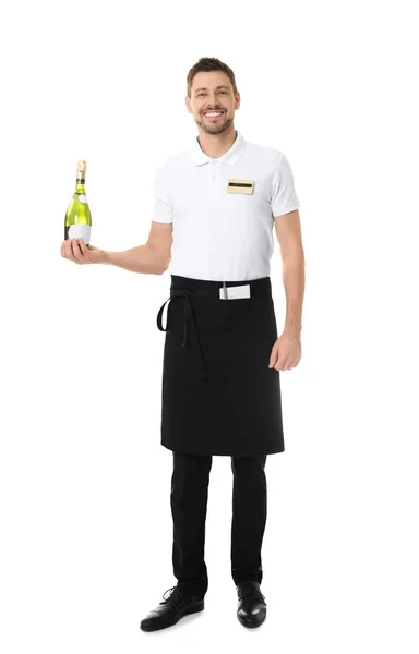 Bello cameriere con bottiglia di vino — Foto Stock