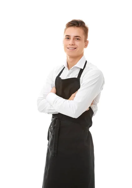 Красивый молодой официант на белом фоне — стоковое фото