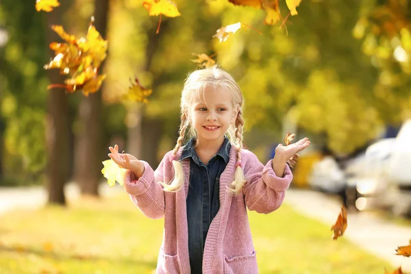 Linda niña jugando con hojas en el parque de otoño — Foto de Stock