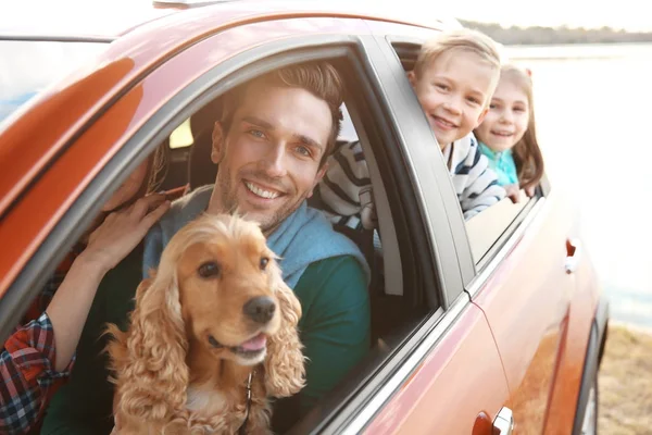 Jovem pai com filhos bonitos e cão no carro — Fotografia de Stock