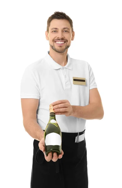 Knappe kelner met fles wijn — Stockfoto