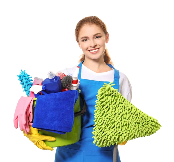 Young professional with cleaning supplies and mop, isolated on white — Stock Photo, Image