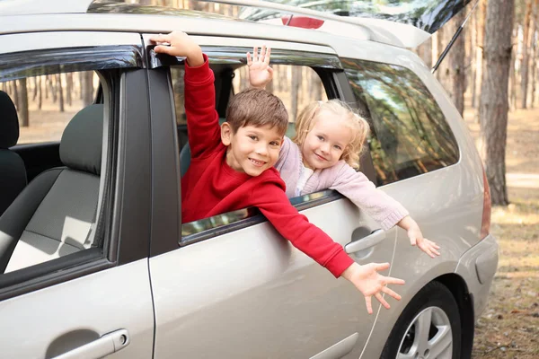 Adorables niños pequeños asomados por la ventana del coche —  Fotos de Stock