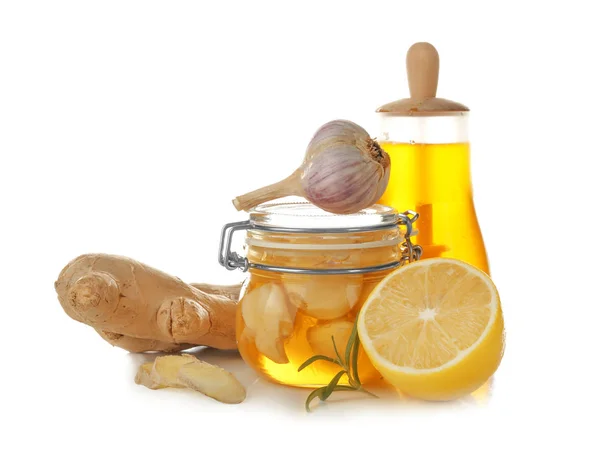 Composition with honey and garlic — Stock Photo, Image