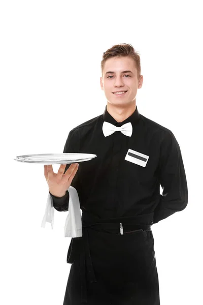 Servitören med metall bricka på vit bakgrund — Stockfoto