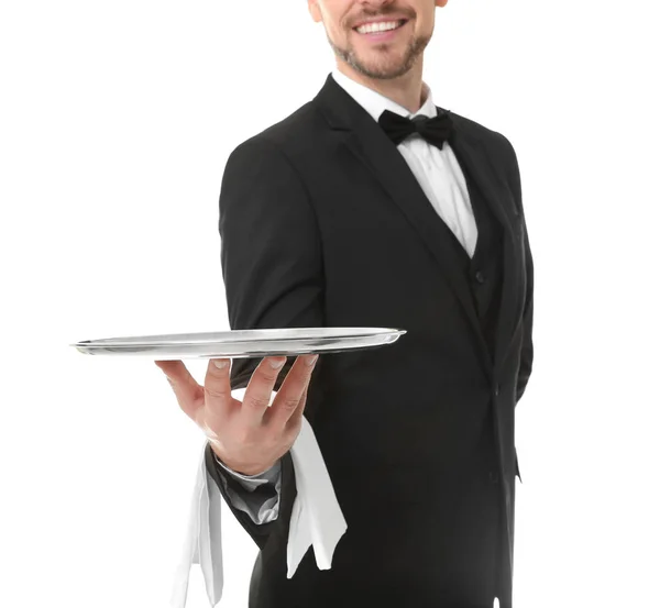 Kellner mit Metalltablett auf weißem Hintergrund — Stockfoto