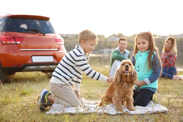 Crianças bonitos brincando com o cão, ao ar livre — Fotografia de Stock