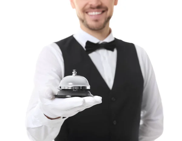 Serveur avec cloche de service sur fond blanc, gros plan — Photo