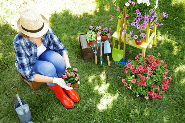 Mulher cuidando de plantas no quintal — Fotografia de Stock