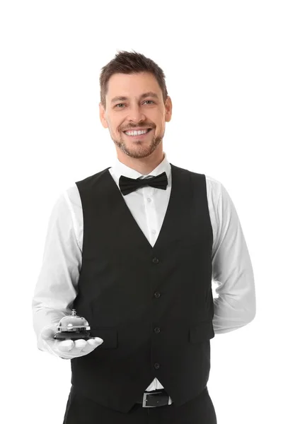 Официант с колокольчиком на белом фоне — стоковое фото