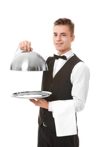 Официант с металлическим подносом и клошем на белом фоне Стоковое Изображение