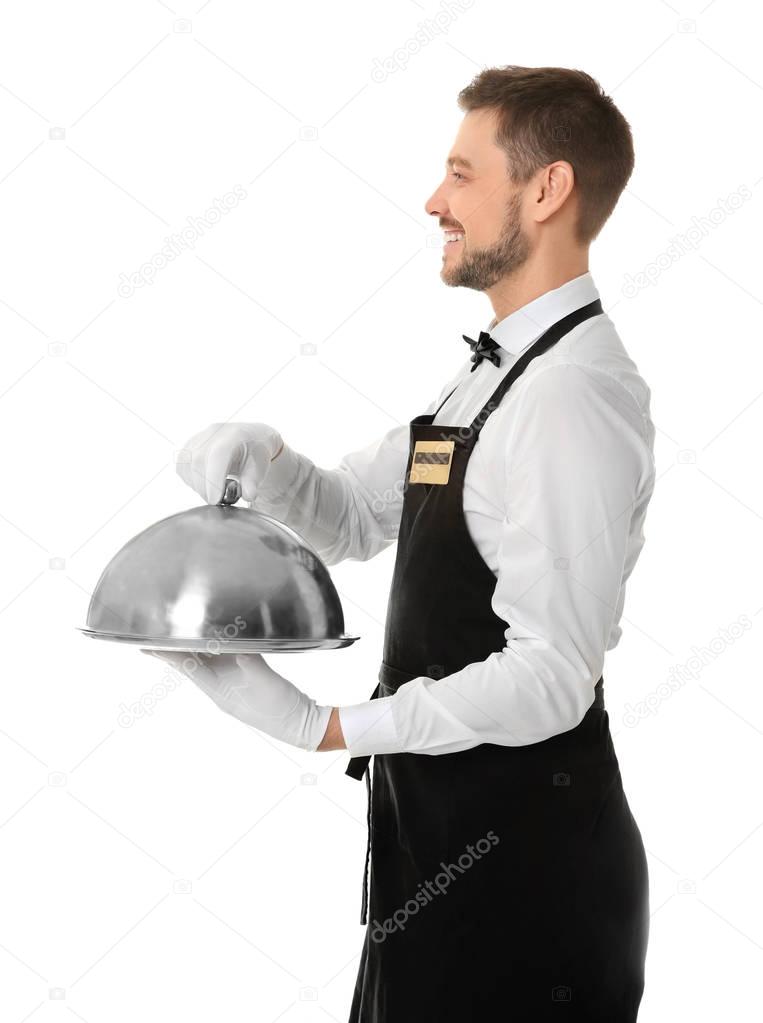 Waiter with metal tray  