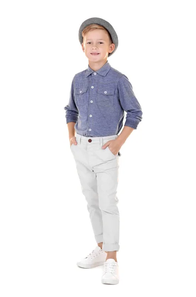 Bonito menino da moda no fundo branco — Fotografia de Stock
