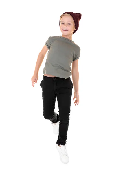 Ładny chłopak modne skoki na białym tle — Zdjęcie stockowe