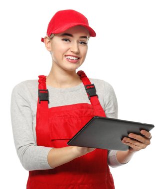 Tablet bilgisayarda beyaz arka plan ile kadın otomatik mekanik