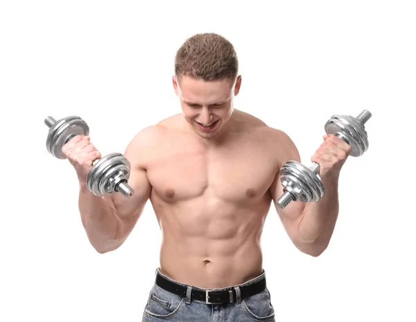 Muskulöser Junger Bodybuilder Mit Hanteln Auf Weißem Hintergrund — Stockfoto