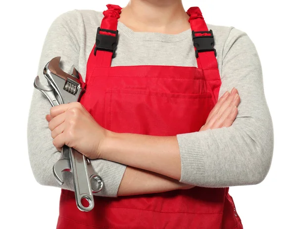 Automechanikerin Mit Werkzeug Auf Weißem Hintergrund Nahaufnahme — Stockfoto