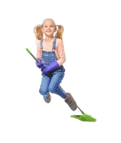Cute little girl playing with mop on white background — Stock Photo, Image