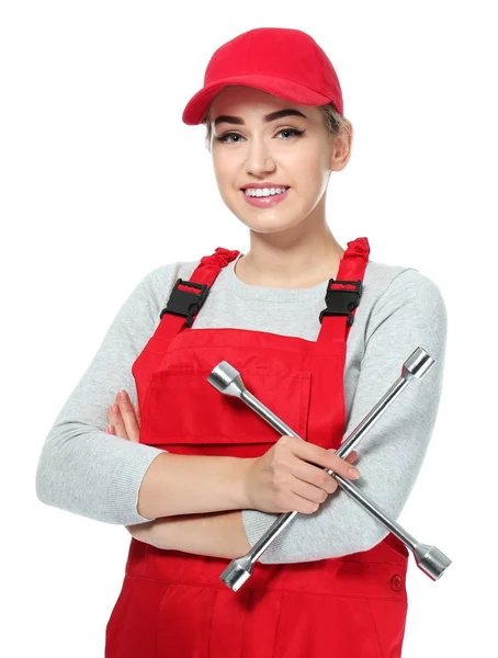 Female Auto Mechanic Lug Wrench White Background — Stock Photo, Image