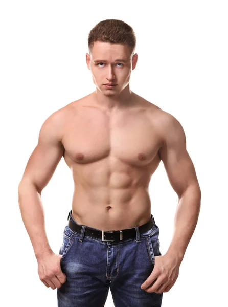 Muscolare Giovane Bodybuilder Sfondo Bianco — Foto Stock