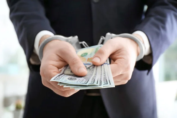 Businessman Handcuffs Holding Bribe Blurred Background — Stock Photo, Image