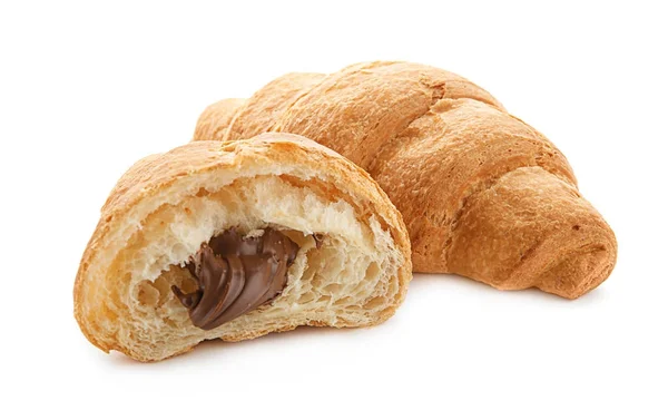 Smaskiga Färsk Croissant Med Choklad Vit Bakgrund — Stockfoto