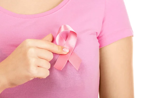 Woman showing pink ribbon on white background. Breast cancer awareness concept — Stock Photo, Image