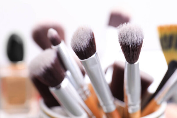 Makeup brushes, closeup. Professional visage artist set