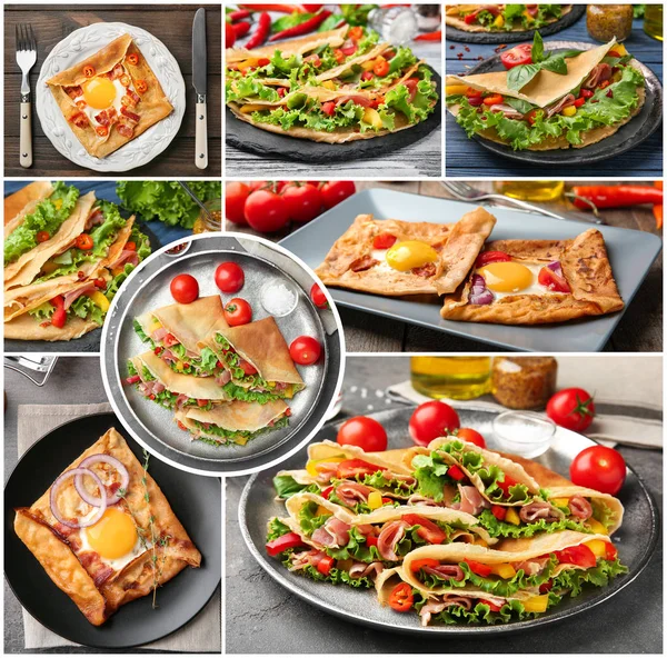 Collage con ideas para servir deliciosos panqueques de trigo sarraceno —  Fotos de Stock