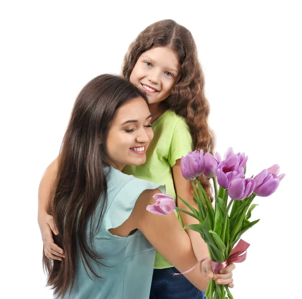 Jeune Femme Fille Avec Bouquet Tulipes Sur Fond Blanc Fête — Photo